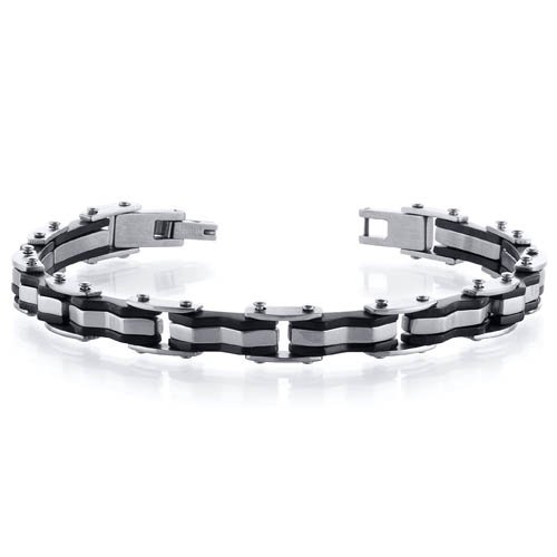 Sleek Style: Unique Link Polished and Black Stainless Steel Mens Bracelet