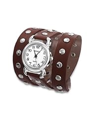 Silver Studded Brown Leather Wrap Watch