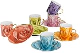 Yedi Houseware Classic Coffee and Tea Rose Espresso Cups and Saucers, Set of 6