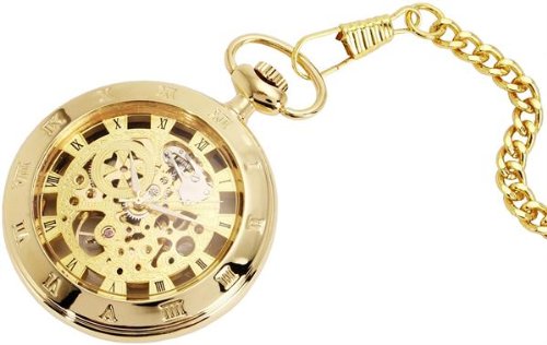 Herren Komplett vergoldete Skelett Taschenuhr mit doppelseitigem Sichtfenster auf das offene Mechanikwerk mechanisch Taschenuhr