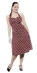 Gathered Vintage Halter Flared-Skirt Sweetheart Polka Dot Print Cotton/Nylon/Spandex  Dress