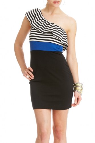 2b One Shoulder Ruffled Stripe Bodycon Dress