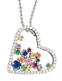 14K White Gold Open Heart-Shaped Pendant, Enhanced with Bezel Set Precious Stones and Pave Set Diamonds, Sliding on a 16'' Cable-Chain Necklace.(GH-Color, SI-Clarity; c.t.t.w 0.20CT, Precious Stones 0.95CT)