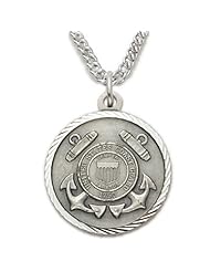 Sterling Silver U.S. Coast Guard Medal, Cross on Back Christian Pendant Necklace Jewelry w/Chain 20" Length Gift Boxed