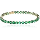 14k Yellow Gold Round Genuine Emerald Tennis Bracelet, 8"