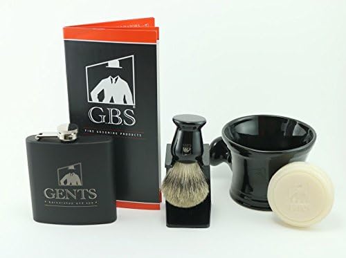 5 Piece Men's Shaving Gift Set -- 100% Pure Badger Brush, Large Shaving Mug with Knob Handle, 97 % All Natural Ocean Driftwood Soap and Acrylic Brush Stand -- Free Stainless Steel 6 Oz Matte Black Finish Flask