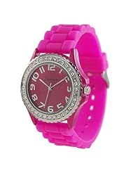 Hot Pink Watch Surrounded with Sparkly Rhinestones and Matching Hot Pink Silicone Soft Band in Ceramic Style Large Face