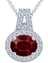 14K White Gold Oval Cut Ruby And Round Diamond Pendant