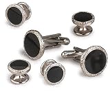 Giorgio Bissoni Round Jet Black Stone with Silver Nugget Edge Cufflink and Stud set