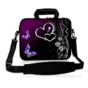 14 Inch Dancing Butterflies and Heart on Rich Purple DOUBLE Sided Print Design Dual Compartment Laptop Carrying Case Notebook Slipcase Bag Netbook Sleeve Cover + Detachable Padded Adjustable Shoulder Strap for McBook Dell HP EliteBook Sony VAIO Toshiba