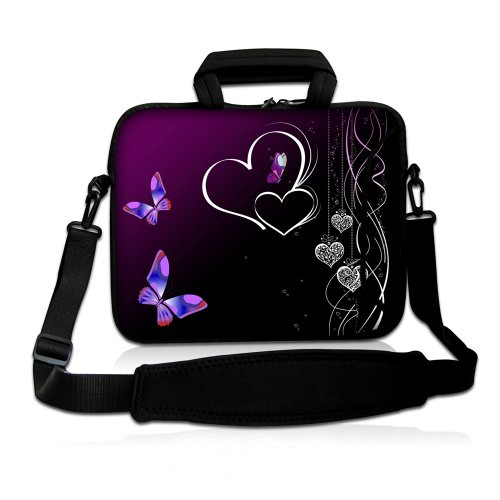 14 Inch Dancing Butterflies and Heart on Rich Purple DOUBLE Sided Print Design Dual Compartment Laptop Carrying Case Notebook Slipcase Bag Netbook Sleeve Cover   Detachable Padded Adjustable Shoulder Strap for McBook Dell HP EliteBook Sony VAIO Toshiba Picture