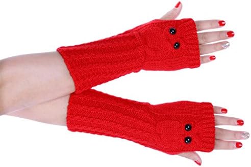 EKIMI Fashion Owl Knitted Arm Owl Fingerless Winter Gloves Soft Warm Mitten (Red)