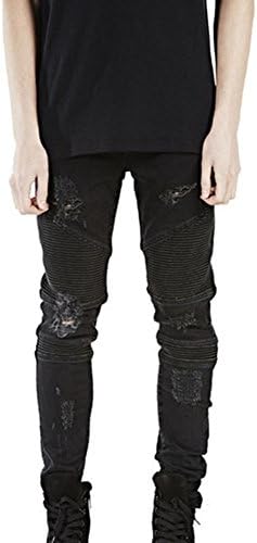 Megaerobe Men's Straight Slim Fit Pencil Pants Biker Jeans Denim Trousers (Black, 32)