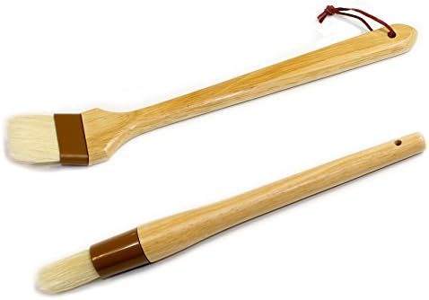 Set of 2 Long Handle Pastry Brushes, Angled Head and Round Brushes, Boar Bristles, Wood Handle