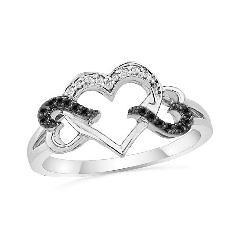 Sterling Silver Black and White Round Diamond Triple Heart Ring (1/10 cttw)