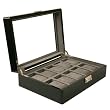 Watch Box Storage Chest For 10 Watches Black Lacquer Finish Inlaid Top
