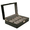 Watch Box for 10 Watches Black Finish Window Extra Clearance Silver Tone Hardware Button Slide Lock