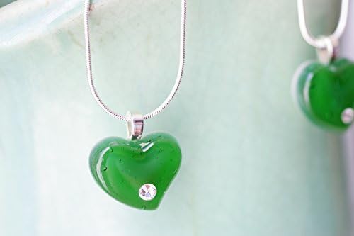 Heart Pendant, Easter, Green Fused Glass, Swarovski Crystal, Romantic Gift for Her, Small Delicate Jewelry