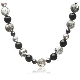 Sterling Silver, Black Onyx, Hematite, Dyed Pearl & Jade Necklace, 18