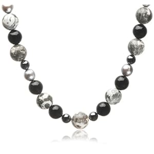 Sterling Silver, Black Onyx, Hematite, Dyed Pearl and Jade Necklace, 18 by