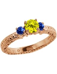 0.81 Ct Round Canary Diamond Blue Sapphire 14K Rose Gold 3-Stone Ring