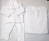 Knitted on Hand Knitting Machine White 100% Rayon Chenille Hand Crochet Finished with White Chenille Infant Girls Cardigan Pant Hat Set and Large Blanket Size 32 By 46 Inches Trimmed with Pearl Center White Satin Flowers