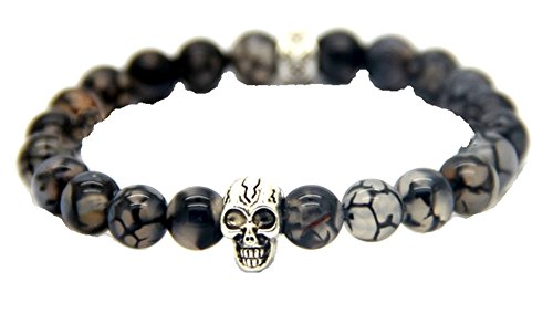JY Jewelry Natural Grey Dragon Veins Agate Beads with Skull Bracelets