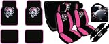 15pc Lady Skull Combo Seat Cover Set with Front Seat Covers, Head Rest Covers, Steering Wheel Cover, Shoulder Pads, Bench Cover and Carpeted Floor Mats