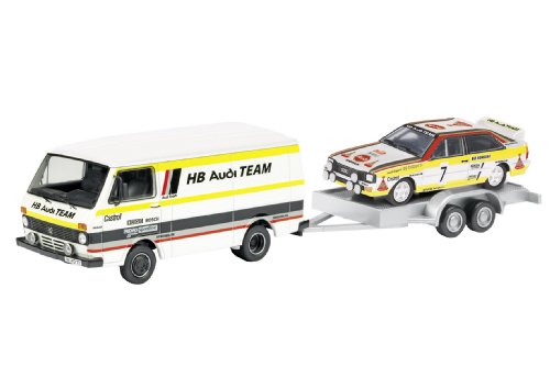 Dickie-Schuco 452587700 - Schuco - Set AUDI TEAM 1:87 VW LT 1 Kastenwagen mit Anh&auml;nger und Audi Urquattro #7, Windowbox