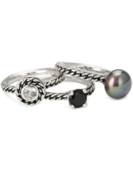 Honora "Skinny Jeans" Black Freshwater Cultured Pearl with Gemstone Stackable Ring, Size 7