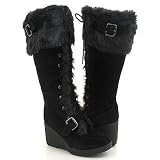 Black Furry Wedge Winter Knee Boots Women---Vegan Friendly!