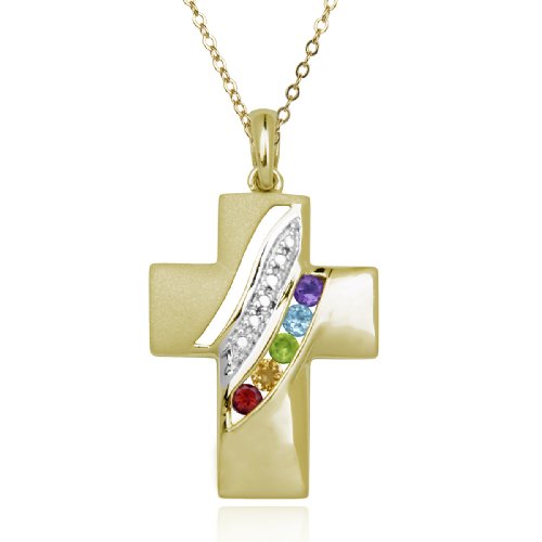 18k Yellow Gold Plated Sterling Silver Multi-Gemstone and Diamond Cross Pendant, 18
