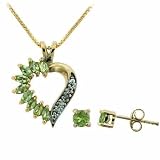 Vermeil (24k Gold over Sterling Silver) Genuine Diamond and Peridot Open Heart Pendant and Stud Earrings Set