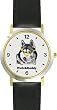 Siberian Husky (SC) Dog - WATCHBUDDY&reg; DESIGNER DELUXE TWO-TONE THEME WATCH - Arabic Numbers-EVENING TWILIGHT STYLE - Gray Dial with Black Leather Strap-Children's Size-Small ( Boy's Size & Girl's Size )