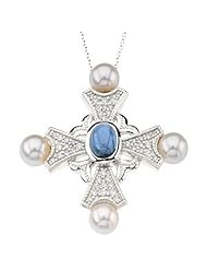 14K White Gold London Blue Topaz, Pearl and Diamond Cross Pendant -- LIFETIME WARRANTY