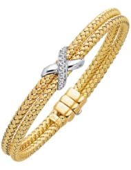 Silver Yellow Plated Polish 7.25" 3.8mm Double Strand Basketweave Bangle With 0.08Ct Diamond And Fancy Clasp