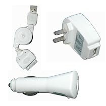Universal Apple iPod USB Charger Kit - USB Retractable Hotsync Cable - USB Home Travel Charger - USB 12V Cigarette Lighter Charger