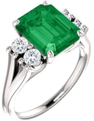 18K White Gold 10.00x8.00mm Emerald Cut Chatham Created Emerald and Diamond Ring -- LIFETIME WARRANTY