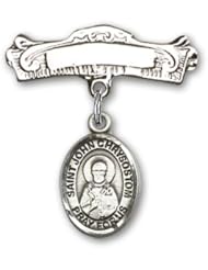 Sterling Silver Baby Badge with St. John Chrysostom Charm and Arched Polished Badge Pin
