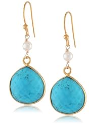 Faceted Gemstone Heart Shape Bezel with White Freshwater Cultured Pearl and Gold over Silver Ear Wire Drop Earrings