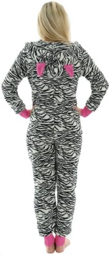 Womens Zip Up Onesie Pajamas Black White Zebra Print 1 Piece Hooded Fleece PJs Sizes: Medium
