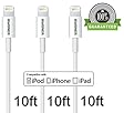 Amoner(TM) 3Pack Durable-Series White Super extra long cord 8pin connector to Reversible USB charging cable 10 feet and syncing cord for iPhone 6 6 plus, iPhone 5s 5c 5, iPad Air mini mini 2, iPad 4th generation, iPod 5th generation, and iPod nano 7th generation. (Compatible with iOS8) No Annoying Error Messages - One year Limited Guaranteed.(10FT, White)