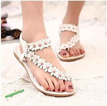 Womens Summer Bohemia Flower Sandals Flat Beach Shoes Thong Slippers Flip Flops Color: White Size: EUR 35/US 5/UK 4