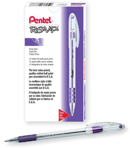Pentel R.S.V.P. Ballpoint Pen, 0.7mm Fine Tip, Violet Ink, Box of 12 (BK90-V)
