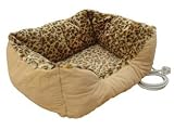 Medium sized heated pet bed with leopard print design