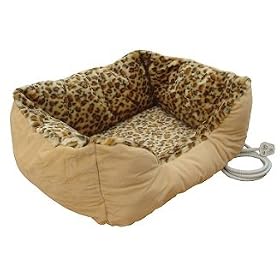 Small sized heated pet bed with leopard print design