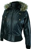 Womens Black Hooded leather bomber jacket with fur collar # M1