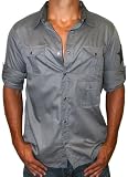 BLAC LABEL Mens Urban Tattoo Button Front Casual Long Sleeve Shirt Top Charcoal Gray