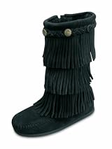 Children's 3 Layer Fringe Boot by Minnetonka Moccasins in Black Suede