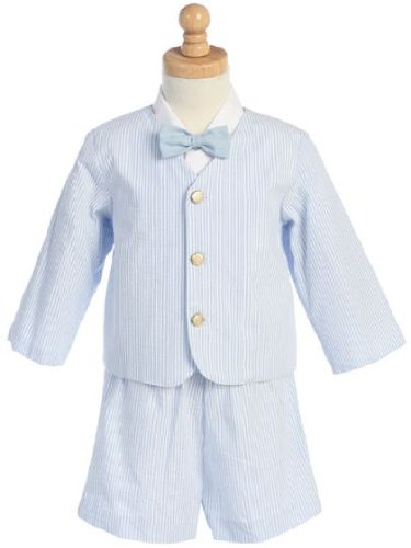 Boys Easter 4 - Piece Striped Seersucker Eton Suit in Blue With A Lined Eton Jacket, Elastic Waist Shorts, Short Sleeve Eton Shirt and Bow Tie
